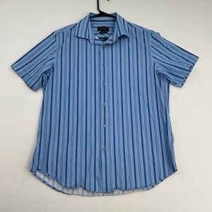 Bugatchi Mens Short Sleeve Button Up Shirt Blue Striped Comfort Stretch XL